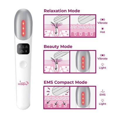 HiSqin eye massager's mode. Relaxation mode, beauty mode, and ems compact mode. These modes help eliminate dark circles, wrinkles, fine lines, eye bags, fatigue, and sagging. It will help you become a better version of yourself.